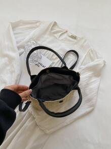 Small Straw Bag Khaki Minimalist Double Handle For Vacation - Khaki - View 4