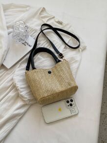 Small Straw Bag Khaki Minimalist Double Handle For Vacation - Khaki - View 6