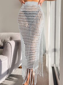 SHEIN Swim Summer Beach Hollow Out Fringe Trim Crochet Beach Skirt - White - View 1