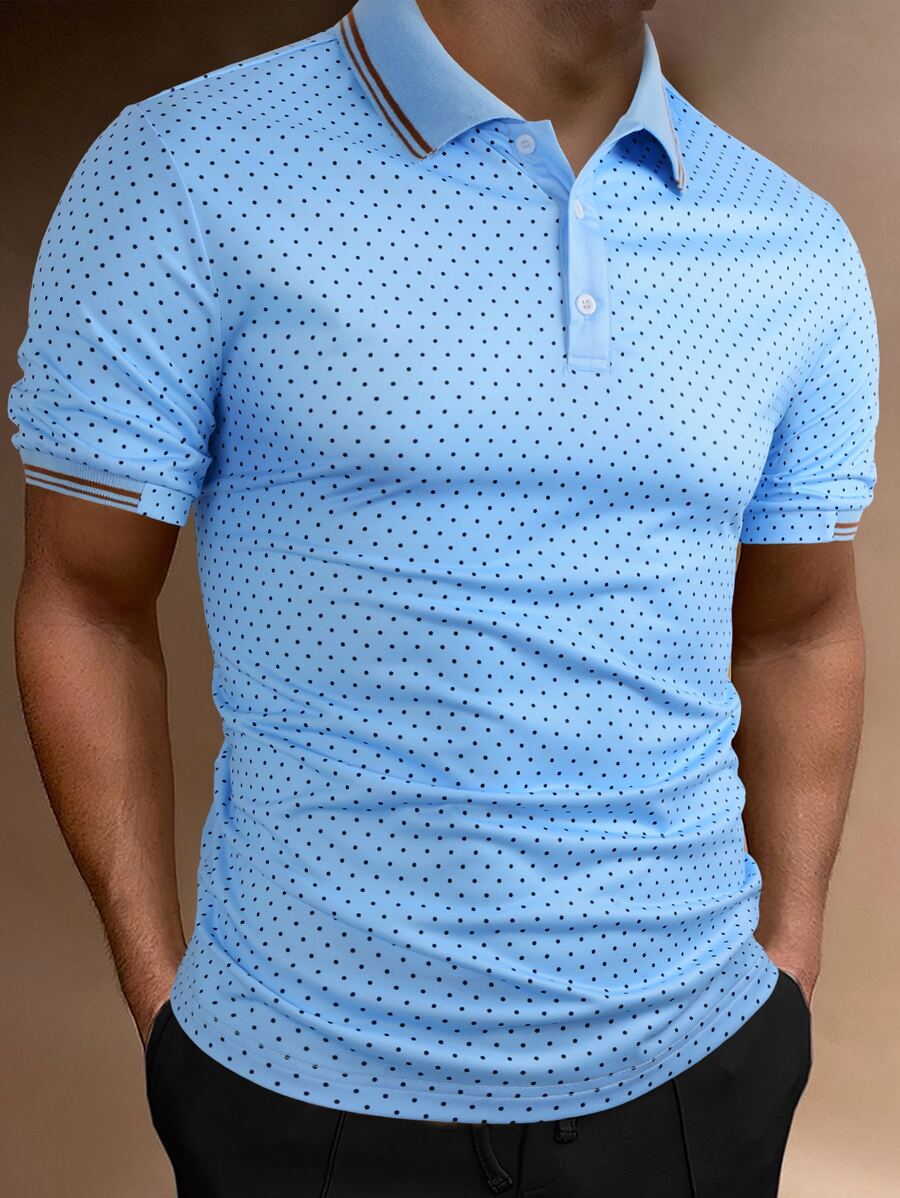 Manfinity Homme Áo thun có cổ Nam Nút phía trước Chấm bi Công việc - Màu xanh lam - Xem 1