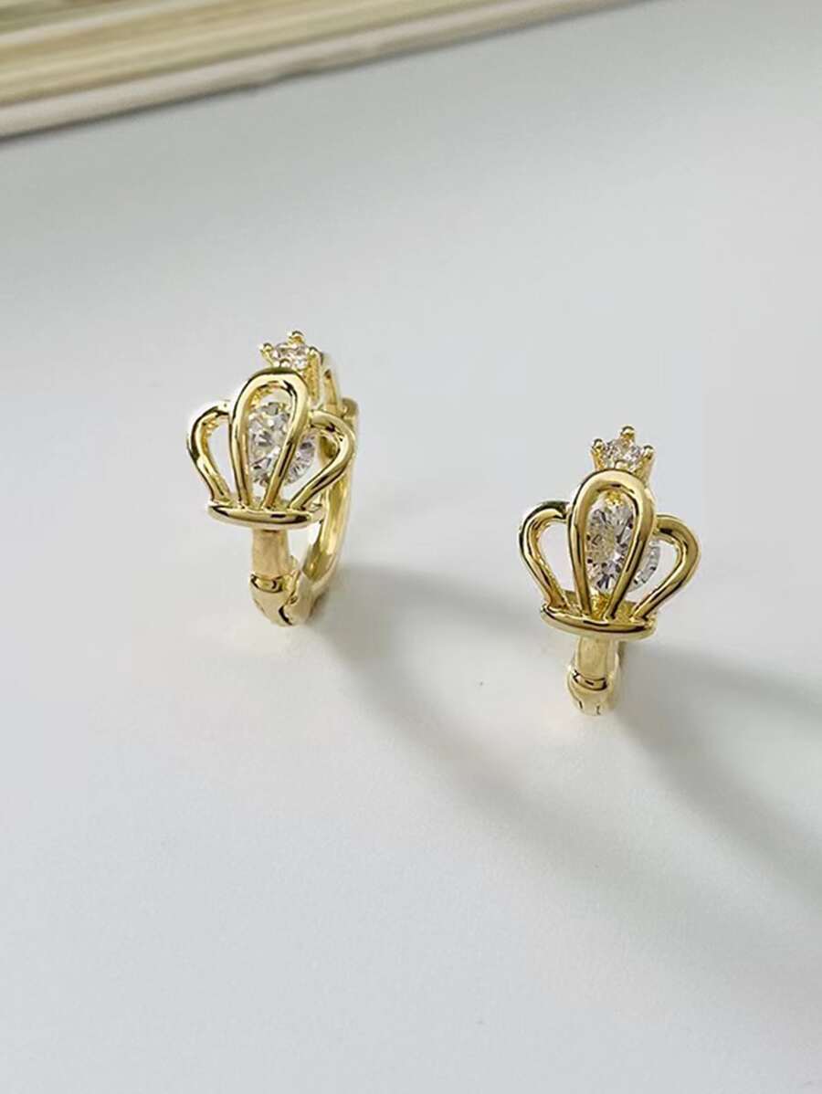 2入組皇冠造型立體耳夾,鋯石耳環 - 金黃色 - 查看 1
