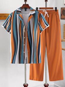 Manfinity RSRT Men Striped Shirt & Drawstring Waist Pants Without Tee - Multicolor - View 1