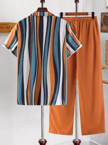 Manfinity RSRT Men Striped Shirt & Drawstring Waist Pants Without Tee - Multicolor - View 2