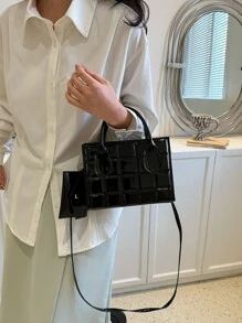 絎縫方形包雙把手帶零錢包 - 黑色 - 查看 3