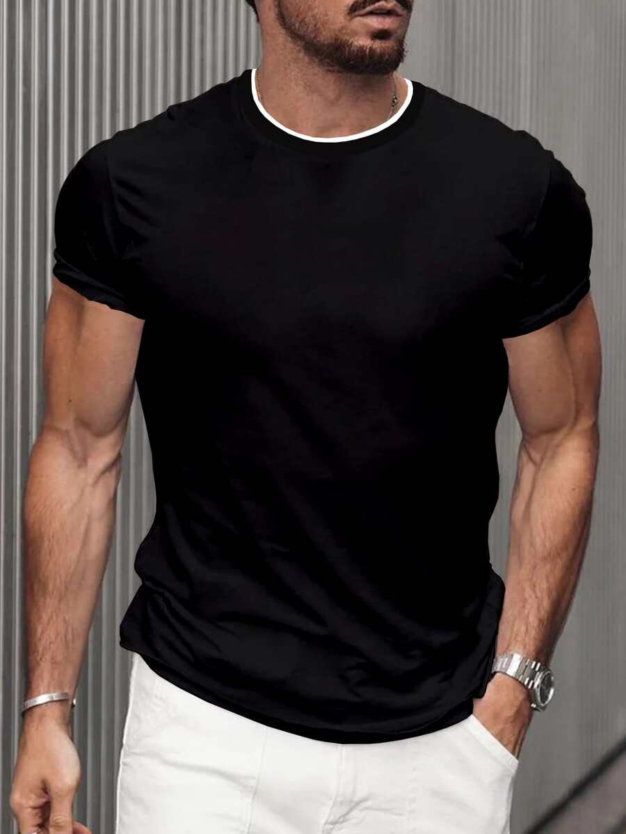 Manfinity Homme Men Contrast Striped Trim Tee - Black - View 1