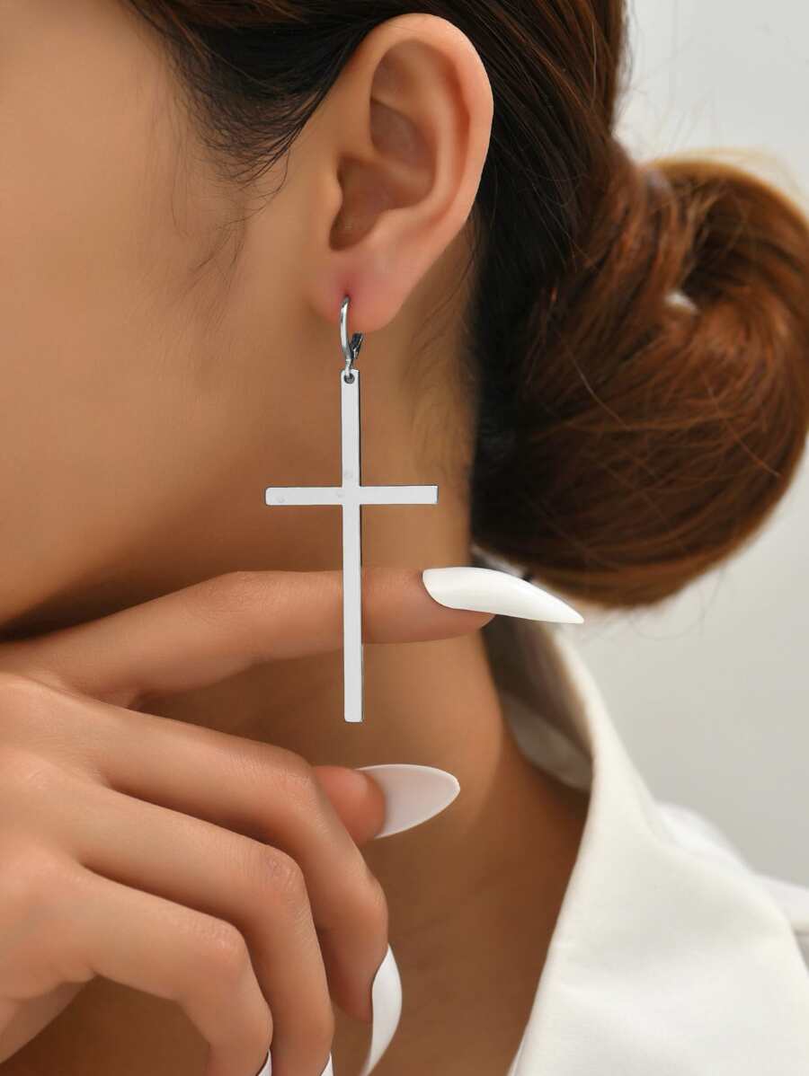 Cross Drop Earrings - Silver - View 1
