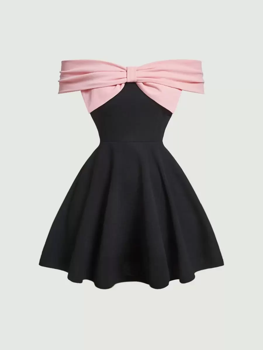 SHEIN MOD Colourblock Off Shoulder Ruched Detail Dress - Black - View 1