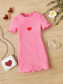 SHEIN 小女童愛心刺繡木耳邊條紋針織洋裝