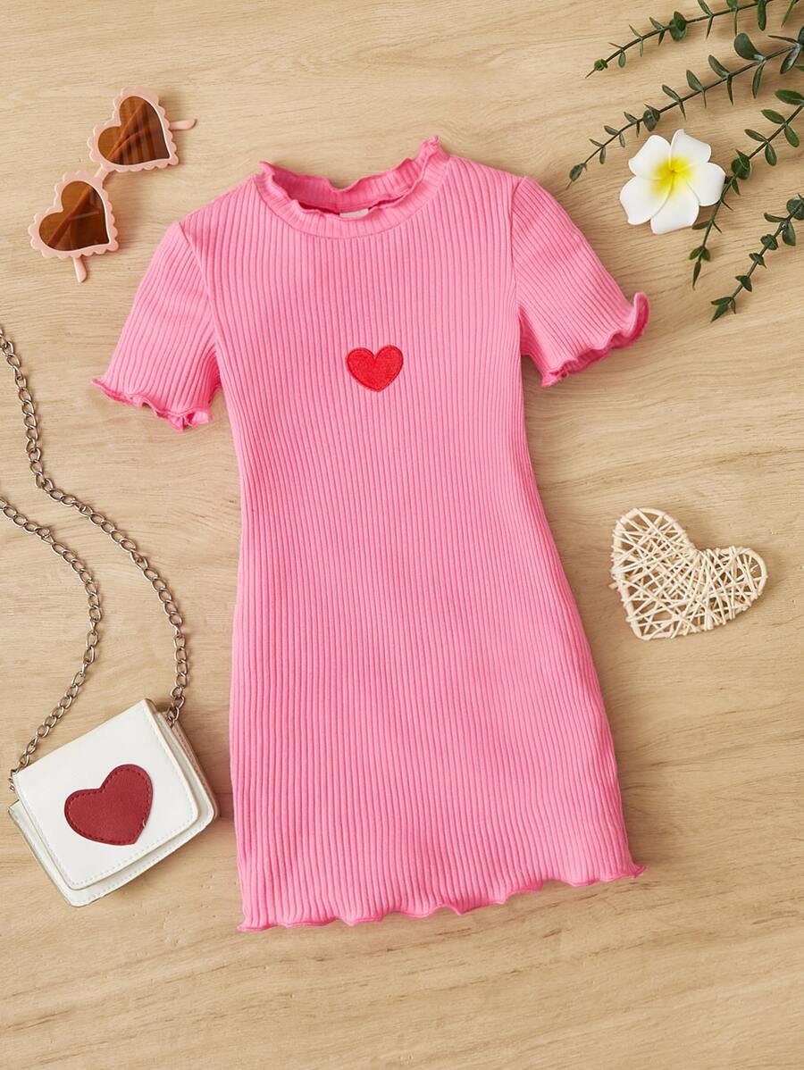 SHEIN 小女童愛心刺繡木耳邊條紋針織洋裝