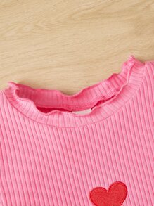 SHEIN 小女童愛心刺繡木耳邊條紋針織洋裝