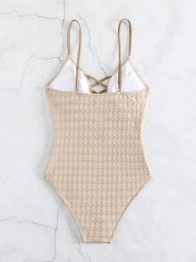 交叉深V領連體泳衣 - 杏色 - 查看 2