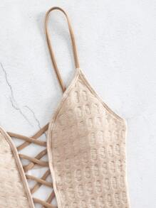 交叉深V領連體泳衣 - 杏色 - 查看 3