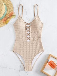 交叉深V領連體泳衣 - 杏色 - 查看 6