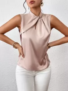 SHEIN Privé Twist Front Satin Blouse - Champagne - View 3