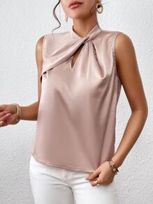 SHEIN Privé Twist Front Satin Blouse - Champagne - View 5