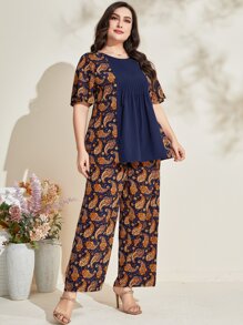 Mulvari Plus Paisley Print Blouse & Wide Leg Trousers - Navy Blue - View 1