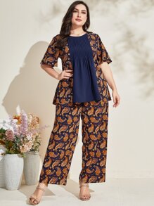 Mulvari Plus Paisley Print Blouse & Wide Leg Trousers - Navy Blue - View 3