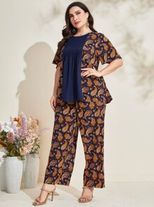 Mulvari Plus Paisley Print Blouse & Wide Leg Trousers - Navy Blue - View 4