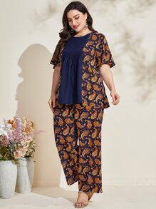 Mulvari Plus Paisley Print Blouse & Wide Leg Trousers - Navy Blue - View 5