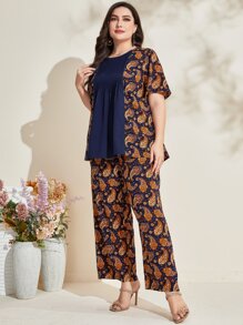 Mulvari Plus Paisley Print Blouse & Wide Leg Trousers - Navy Blue - View 6