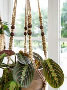 1pc Bead Detail Plant Hanger, Modern Fabric Hanging Planter Basket For Home