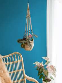 1pc Bead Detail Plant Hanger, Modern Fabric Hanging Planter Basket For Home