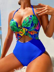 熱帶圖案前交叉吊脖聚攏連身泳裝 - 彩色 - 查看 1
