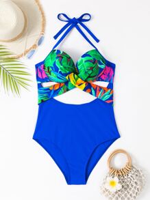 熱帶圖案前交叉吊脖聚攏連身泳裝 - 彩色 - 查看 3
