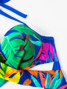 熱帶圖案前交叉吊脖聚攏連身泳裝 - 彩色 - 查看 5