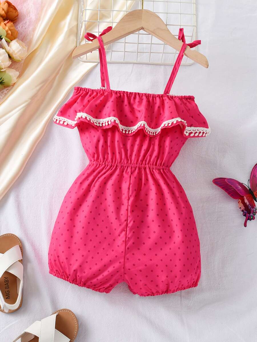 小女童波卡圓點荷葉邊吊帶連體短褲 - 粉色 - 查看 1
