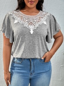 SHEIN LUNE Plus Guipure Lace Panel Butterfly Sleeve Tee - Light Grey - View 1
