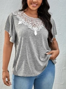 SHEIN LUNE Plus Guipure Lace Panel Butterfly Sleeve Tee - Light Grey - View 4