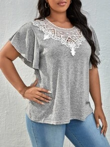 SHEIN LUNE Plus Guipure Lace Panel Butterfly Sleeve Tee - Light Grey - View 5