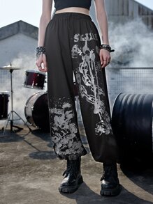 ROMWE Grunge Punk 鏈條和骷髏頭圖案衛褲 - 黑色 - 查看 9
