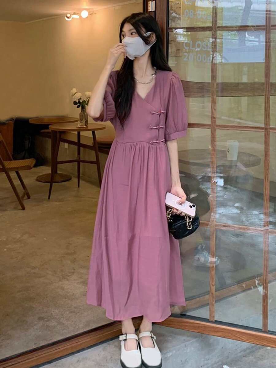 Solid Wrap Puff Sleeve Dress - Purple - View 1