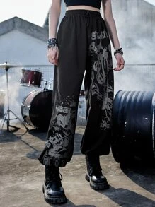 ROMWE Grunge Punk 鏈條和骷髏頭圖案衛褲 - 黑色 - 查看 5
