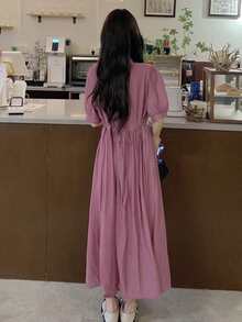 Solid Wrap Puff Sleeve Dress - Purple - View 2