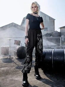 ROMWE Grunge Punk 鏈條和骷髏頭圖案衛褲 - 黑色 - 查看 7