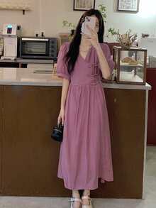 Solid Wrap Puff Sleeve Dress - Purple - View 3