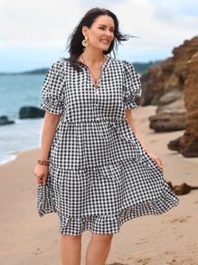 EMERY ROSE Vestido smock con estampado de guingán de manga farol bajo con fruncido