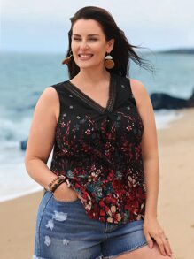 EMERY ROSE 大碼印花蕾絲拼接背心上衣 - 彩色 - 查看 6