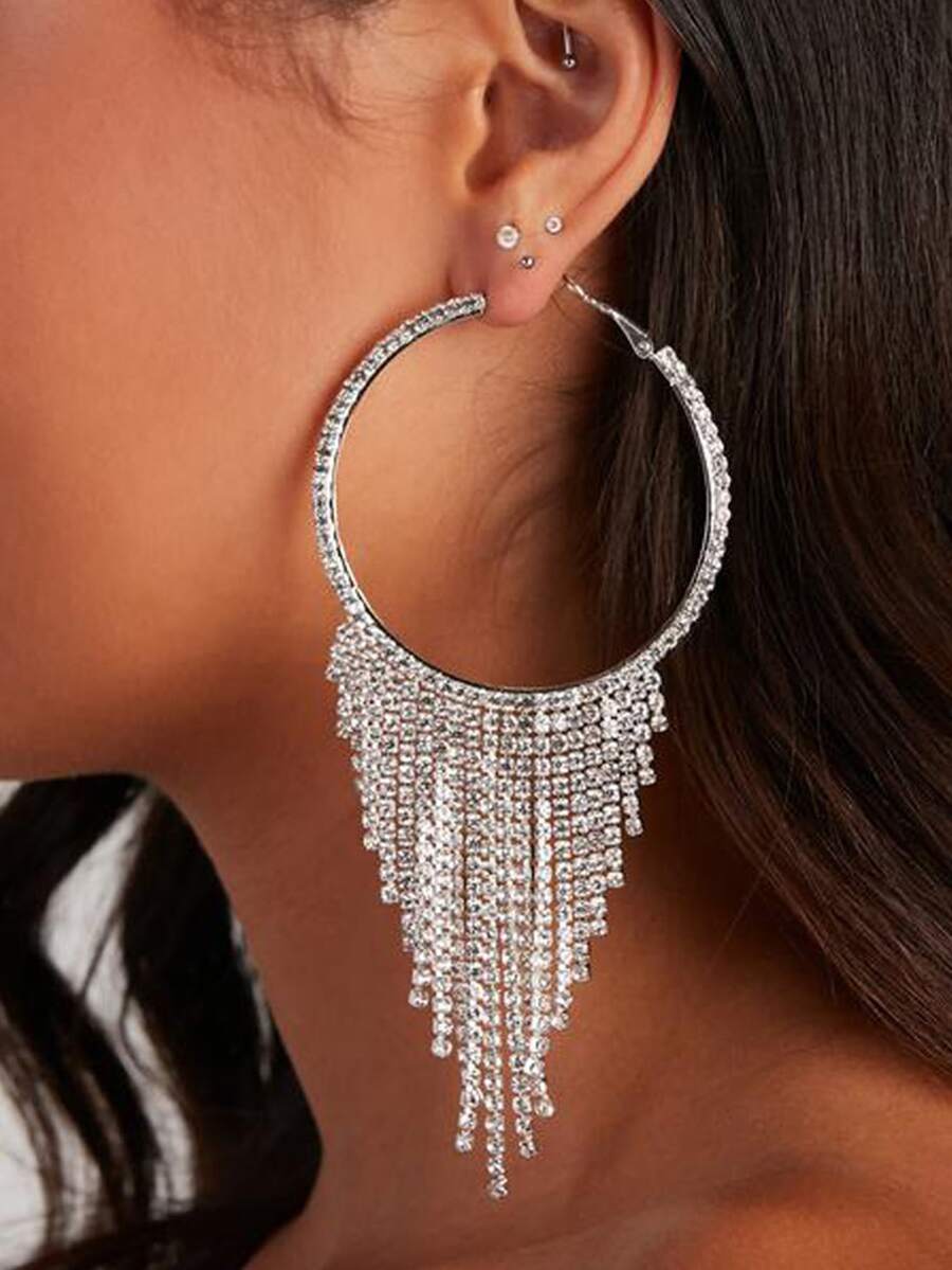 1pair Luxury Rhinestone Decor Tassel Drop Earrings For Women For Daily Decoration - Silver - View 1