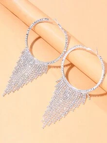 1pair Luxury Rhinestone Decor Tassel Drop Earrings For Women For Daily Decoration - Silver - View 2