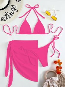 SHEIN Swim Summer Beach Halter Triangle Bikini Set With Beach Skirt - Hot Pink - View 1
