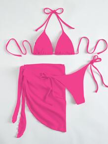 SHEIN Swim Summer Beach Halter Triangle Bikini Set With Beach Skirt - Hot Pink - View 2