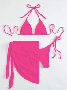 SHEIN Swim Summer Beach Halter Triangle Bikini Set With Beach Skirt - Hot Pink - View 3
