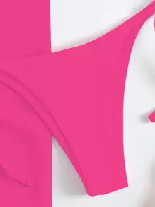 SHEIN Swim Summer Beach Halter Triangle Bikini Set With Beach Skirt - Hot Pink - View 4