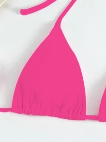 SHEIN Swim Summer Beach Halter Triangle Bikini Set With Beach Skirt - Hot Pink - View 5