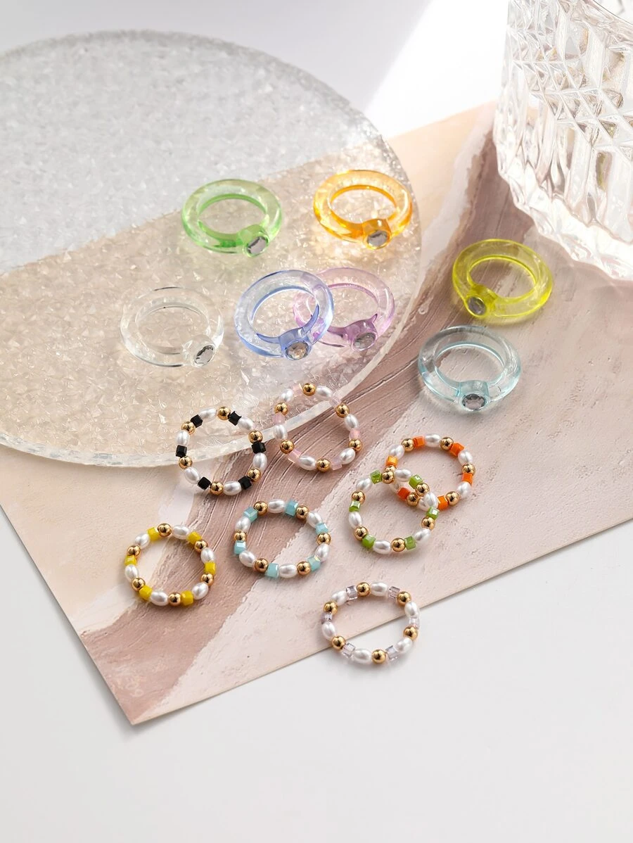 2pcs/set Fashion Faux Pearl & Rhinestone Decor Ring For Women For Daily Decoration - Multicolor - View 1
