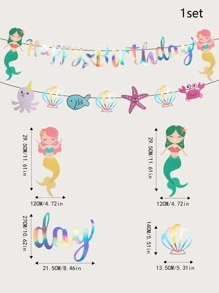 14pcs/set Mermaid & Starfish Pattern Birthday Party Pull Flag, Cartoon Shell & Fish Decor Paper Banner For Party